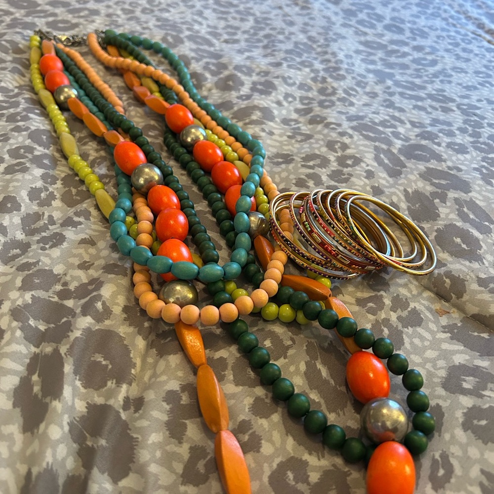 Chico's Multicolor Beaded Necklace and Bangle Set